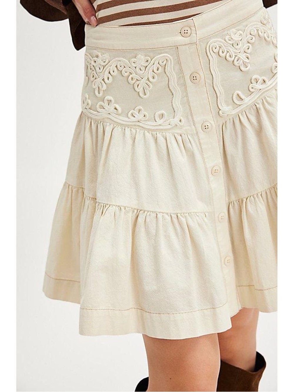 XS Free People August Mini Skirt Western Cream Embroidered Button-Front Skirt